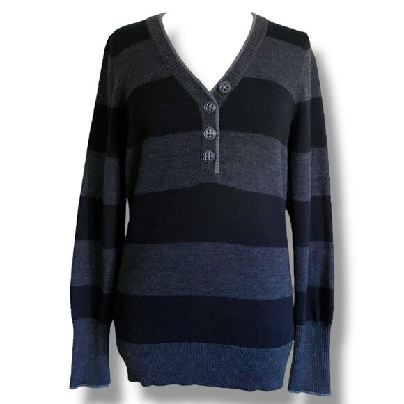 Smartwool Womens Sweater Sz Medium Gray Black Stripe Merino Wool Henley Stretch - Picture 1 of 8